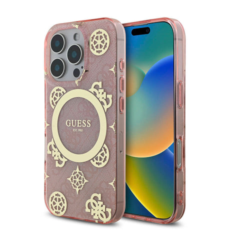 Apple iPhone 16 Pro Kılıf Guess Orjinal Lisanslı M-safe Şarj Özellikli IML Peony ve 4G Desenli Klasik Logolu Kapak