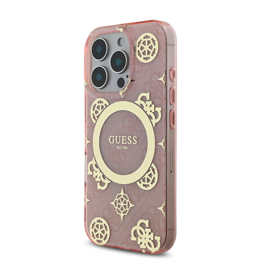 Apple iPhone 16 Pro Kılıf Guess Orjinal Lisanslı M-safe Şarj Özellikli IML Peony ve 4G Desenli Klasik Logolu Kapak