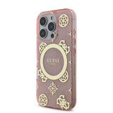 Apple iPhone 16 Pro Kılıf Guess Orjinal Lisanslı M-safe Şarj Özellikli IML Peony ve 4G Desenli Klasik Logolu Kapak