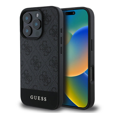 Apple iPhone 16 Pro Kılıf Guess Orjinal Lisanslı M-safe Şarj Özellikli PU Deri Şerit Logo Dizaynlı Kapak