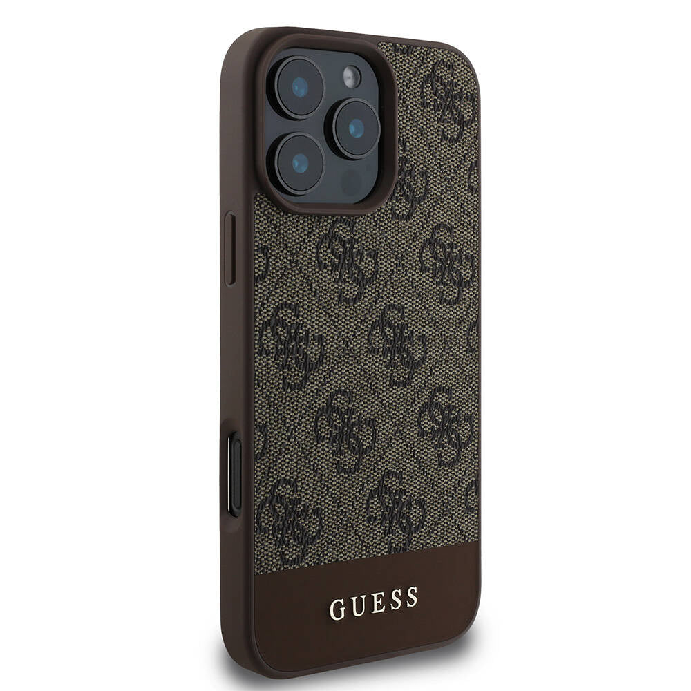 Apple iPhone 16 Pro Kılıf Guess Orjinal Lisanslı M-safe Şarj Özellikli PU Deri Şerit Logo Dizaynlı Kapak