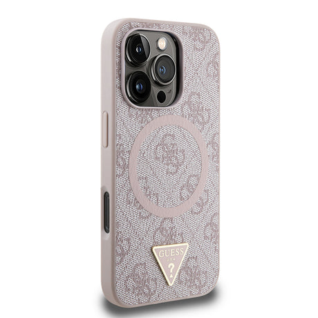 Apple iPhone 16 Pro Kılıf Guess Orjinal Lisanslı M-safe Şarj Özellikli PU Üçgen Logo 4G Desenli Kapak
