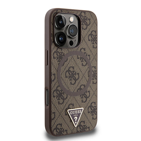 Apple iPhone 16 Pro Kılıf Guess Orjinal Lisanslı M-safe Şarj Özellikli PU Üçgen Logo 4G Desenli Kapak