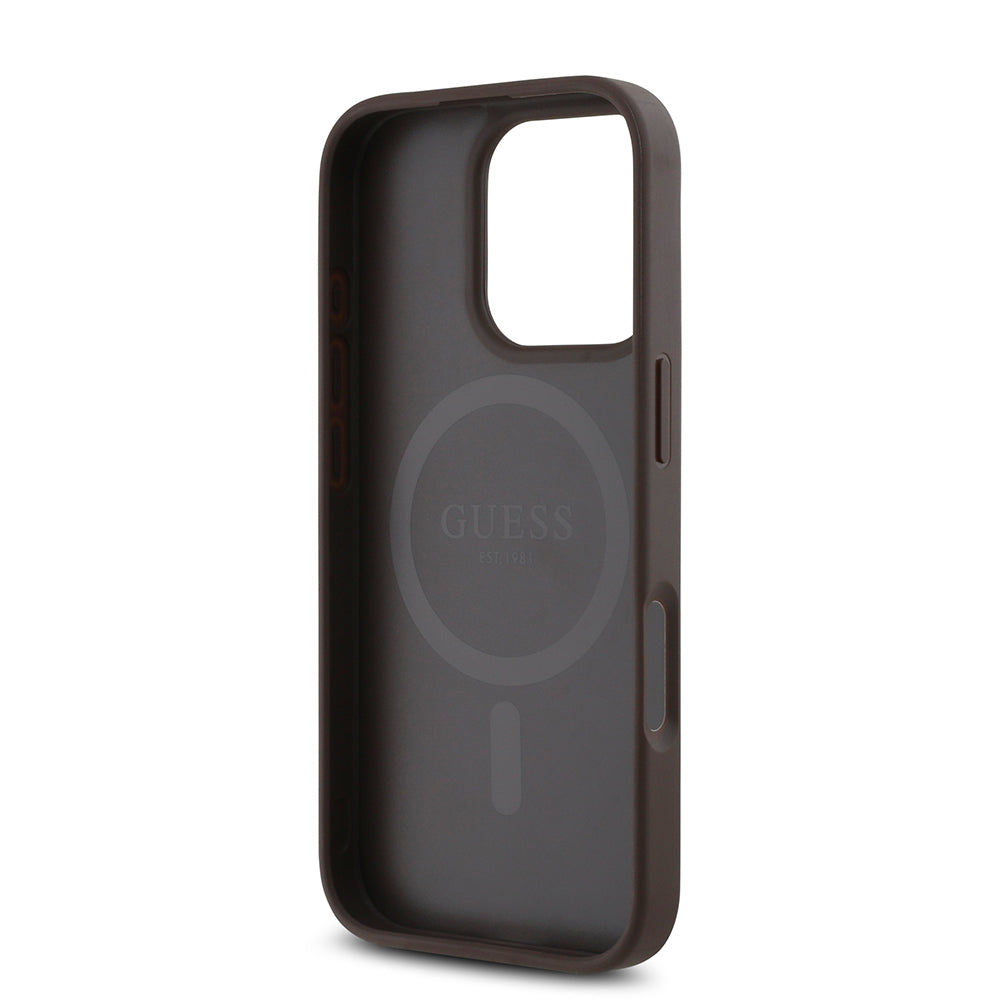 Apple iPhone 16 Pro Kılıf Guess Orjinal Lisanslı M-safe Şarj Özellikli PU Üçgen Logo 4G Desenli Kapak
