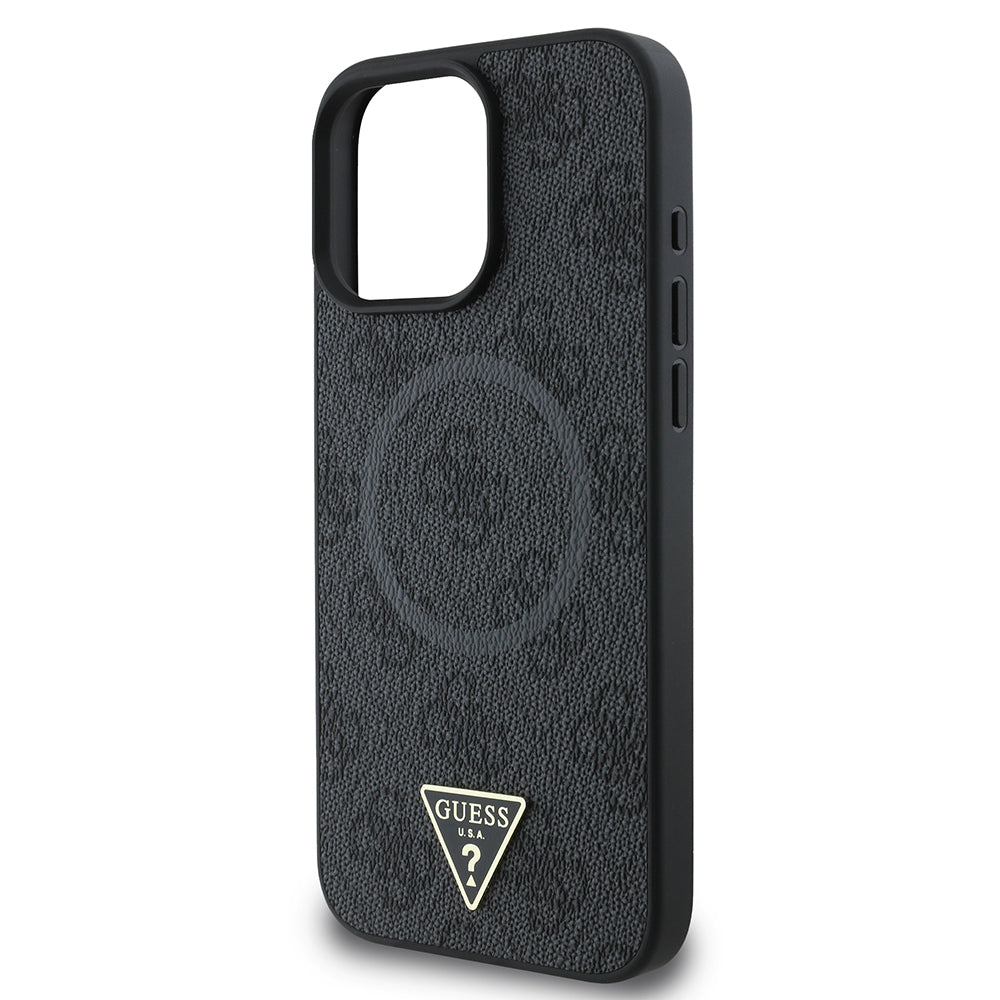 Apple iPhone 16 Pro Kılıf Guess Orjinal Lisanslı M-safe Şarj Özellikli PU Üçgen Logo 4G Desenli Kapak