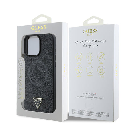 Apple iPhone 16 Pro Kılıf Guess Orjinal Lisanslı M-safe Şarj Özellikli PU Üçgen Logo 4G Desenli Kapak