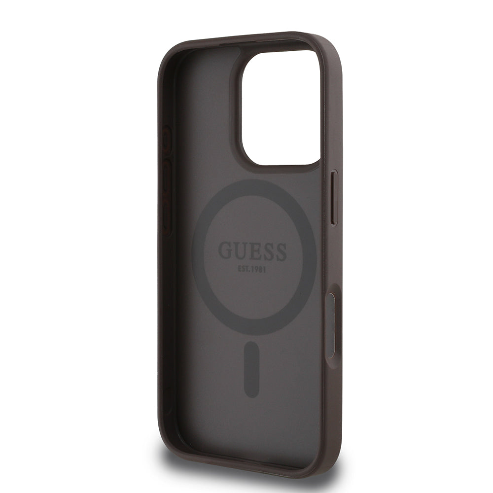 Apple iPhone 16 Pro Kılıf Guess Orjinal Lisanslı M-safe Şarj Özellikli Sıcak Baskılı Üçgen Logolu PU Deri Peony Kapak