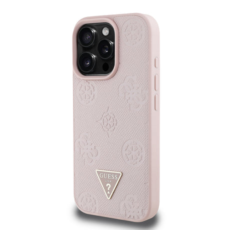 Apple iPhone 16 Pro Kılıf Guess Orjinal Lisanslı M-safe Şarj Özellikli Sıcak Baskılı Üçgen Logolu PU Deri Peony Kapak
