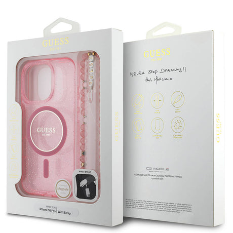 Apple iPhone 16 Pro Kılıf Guess Orjinal Lisanslı M-safe Şarj Özellikli Simli Silikon İnci Bileklikli Kapak