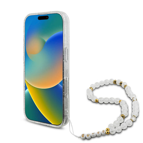 Apple iPhone 16 Pro Kılıf Guess Orjinal Lisanslı M-safe Şarj Özellikli Simli Silikon İnci Bileklikli Kapak