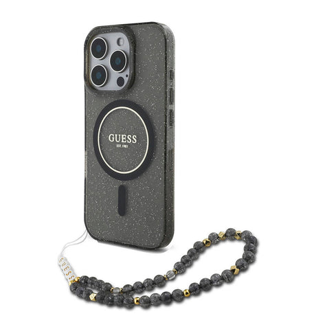 Apple iPhone 16 Pro Kılıf Guess Orjinal Lisanslı M-safe Şarj Özellikli Simli Silikon İnci Bileklikli Kapak