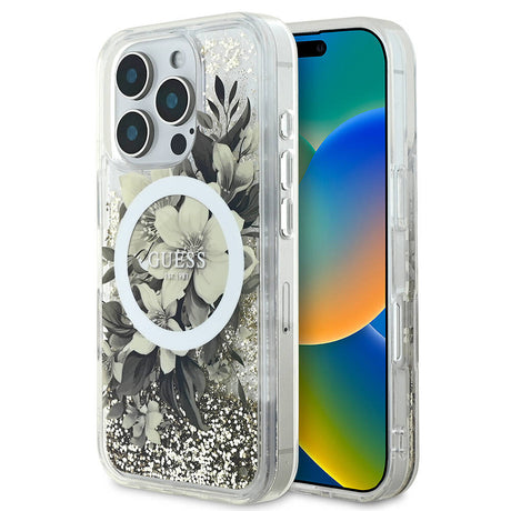 Apple iPhone 16 Pro Kılıf Guess Orjinal Lisanslı M-safe Şarj Özellikli Sıvılı Simli Çiçek Desenli Kapak