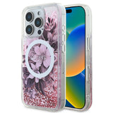 Apple iPhone 16 Pro Kılıf Guess Orjinal Lisanslı M-safe Şarj Özellikli Sıvılı Simli Çiçek Desenli Kapak