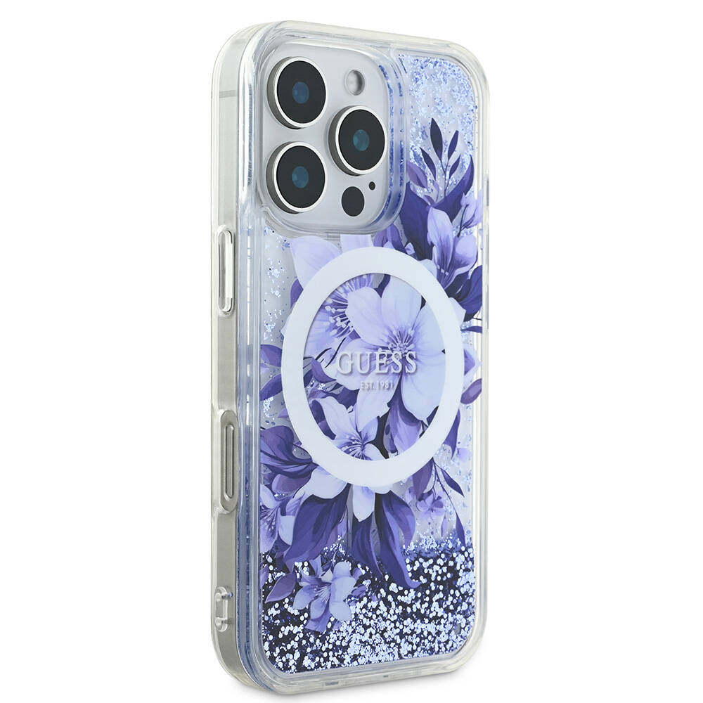 Apple iPhone 16 Pro Kılıf Guess Orjinal Lisanslı M-safe Şarj Özellikli Sıvılı Simli Çiçek Desenli Kapak