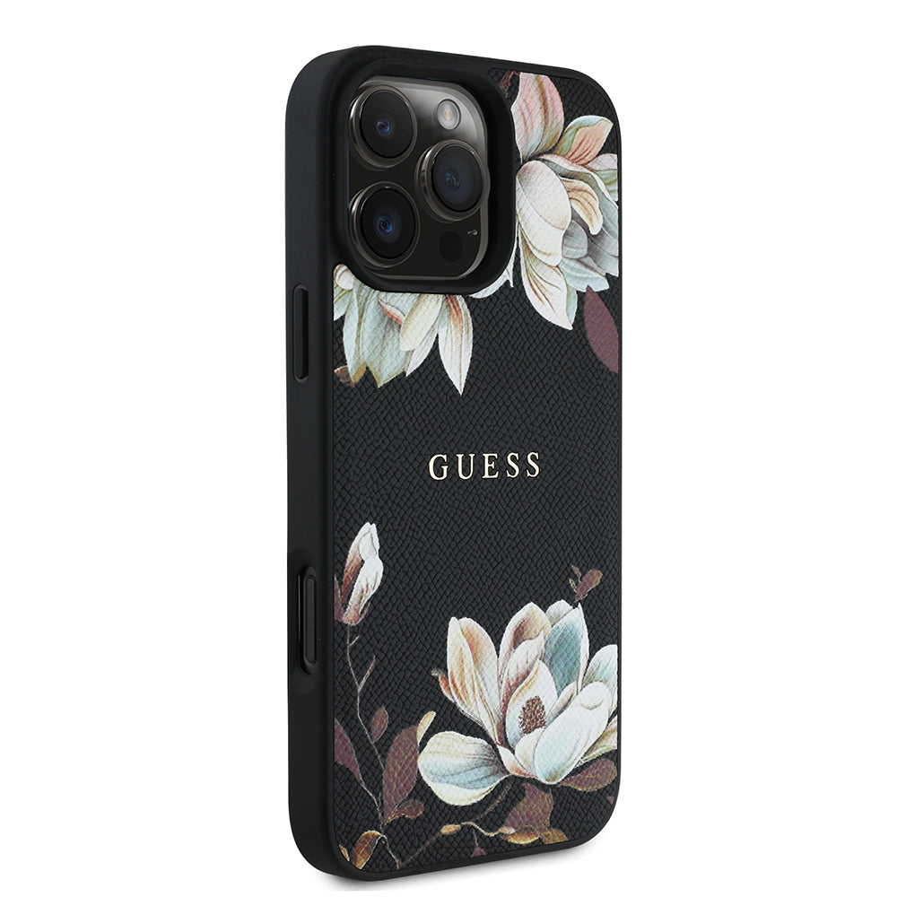 Apple iPhone 16 Pro Kılıf Guess Orjinal Lisanslı M-safe Şarj Özellikli Taneli Çiçek Tasarımlı Metal Yazı Logolu Kapak