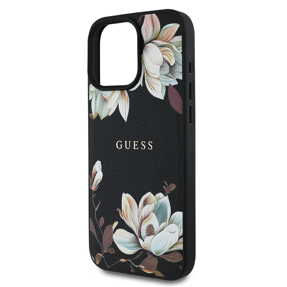 Apple iPhone 16 Pro Kılıf Guess Orjinal Lisanslı M-safe Şarj Özellikli Taneli Çiçek Tasarımlı Metal Yazı Logolu Kapak