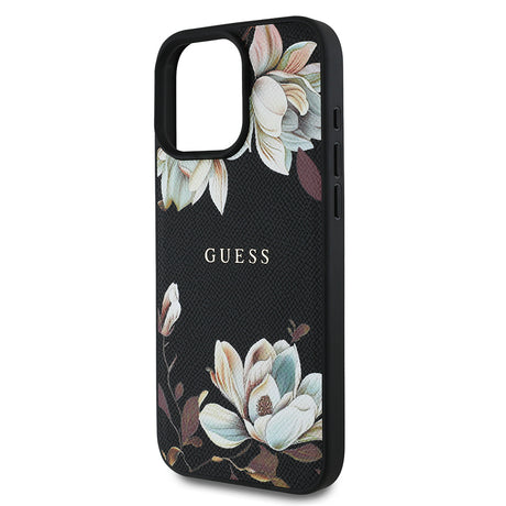 Apple iPhone 16 Pro Kılıf Guess Orjinal Lisanslı M-safe Şarj Özellikli Taneli Çiçek Tasarımlı Metal Yazı Logolu Kapak