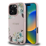Apple iPhone 16 Pro Kılıf Guess Orjinal Lisanslı M-safe Şarj Özellikli Taneli Çiçek Tasarımlı Metal Yazı Logolu Kapak