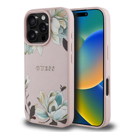 Apple iPhone 16 Pro Kılıf Guess Orjinal Lisanslı M-safe Şarj Özellikli Taneli Çiçek Tasarımlı Metal Yazı Logolu Kapak
