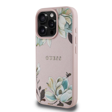 Apple iPhone 16 Pro Kılıf Guess Orjinal Lisanslı M-safe Şarj Özellikli Taneli Çiçek Tasarımlı Metal Yazı Logolu Kapak