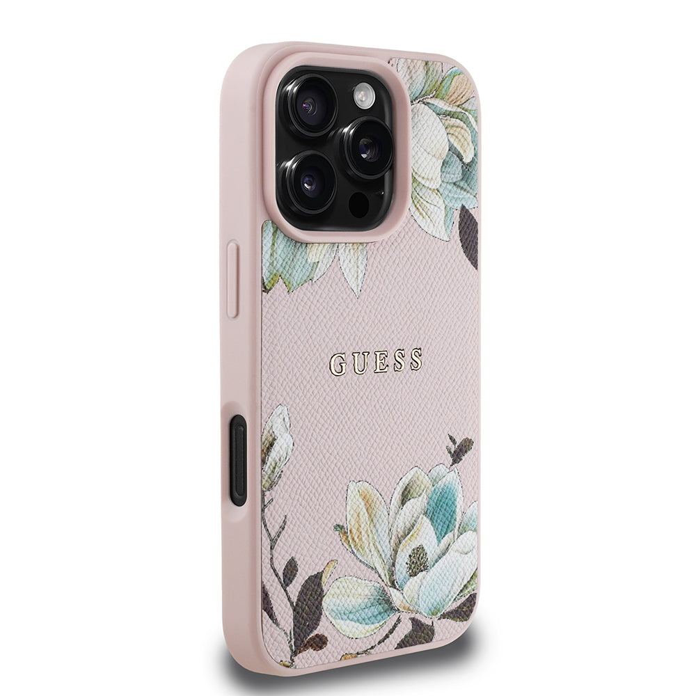 Apple iPhone 16 Pro Kılıf Guess Orjinal Lisanslı M-safe Şarj Özellikli Taneli Çiçek Tasarımlı Metal Yazı Logolu Kapak