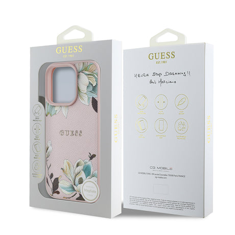 Apple iPhone 16 Pro Kılıf Guess Orjinal Lisanslı M-safe Şarj Özellikli Taneli Çiçek Tasarımlı Metal Yazı Logolu Kapak