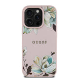 Apple iPhone 16 Pro Kılıf Guess Orjinal Lisanslı M-safe Şarj Özellikli Taneli Çiçek Tasarımlı Metal Yazı Logolu Kapak