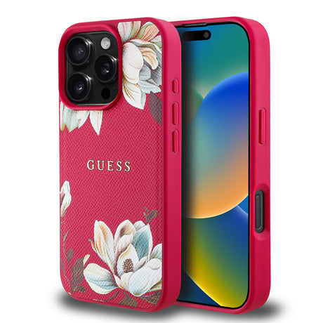 Apple iPhone 16 Pro Kılıf Guess Orjinal Lisanslı M-safe Şarj Özellikli Taneli Çiçek Tasarımlı Metal Yazı Logolu Kapak