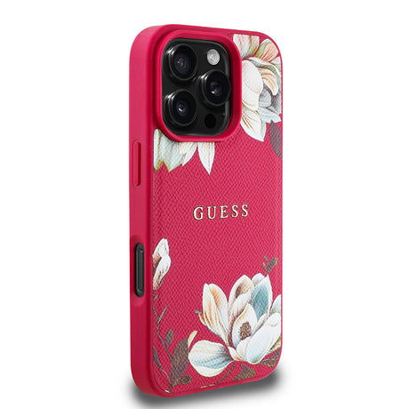 Apple iPhone 16 Pro Kılıf Guess Orjinal Lisanslı M-safe Şarj Özellikli Taneli Çiçek Tasarımlı Metal Yazı Logolu Kapak