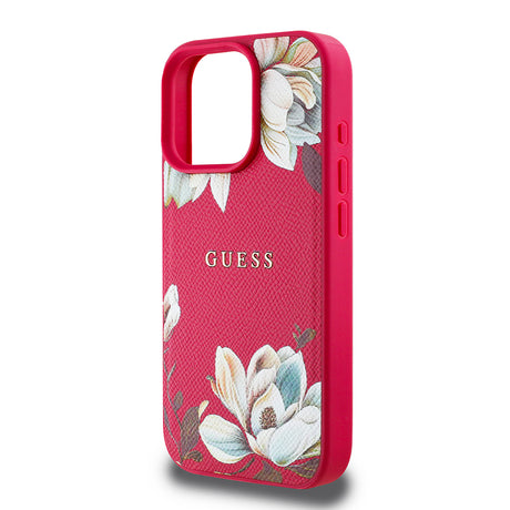 Apple iPhone 16 Pro Kılıf Guess Orjinal Lisanslı M-safe Şarj Özellikli Taneli Çiçek Tasarımlı Metal Yazı Logolu Kapak