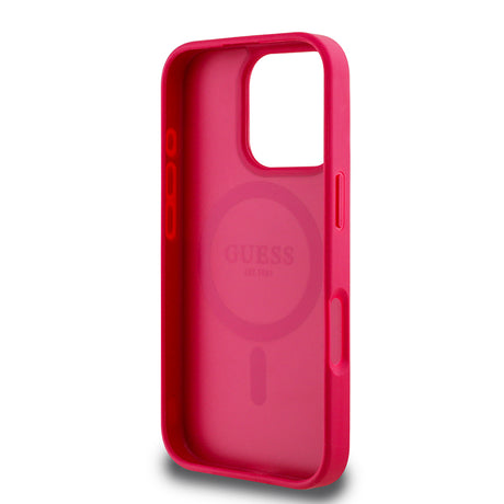 Apple iPhone 16 Pro Kılıf Guess Orjinal Lisanslı M-safe Şarj Özellikli Taneli Çiçek Tasarımlı Metal Yazı Logolu Kapak