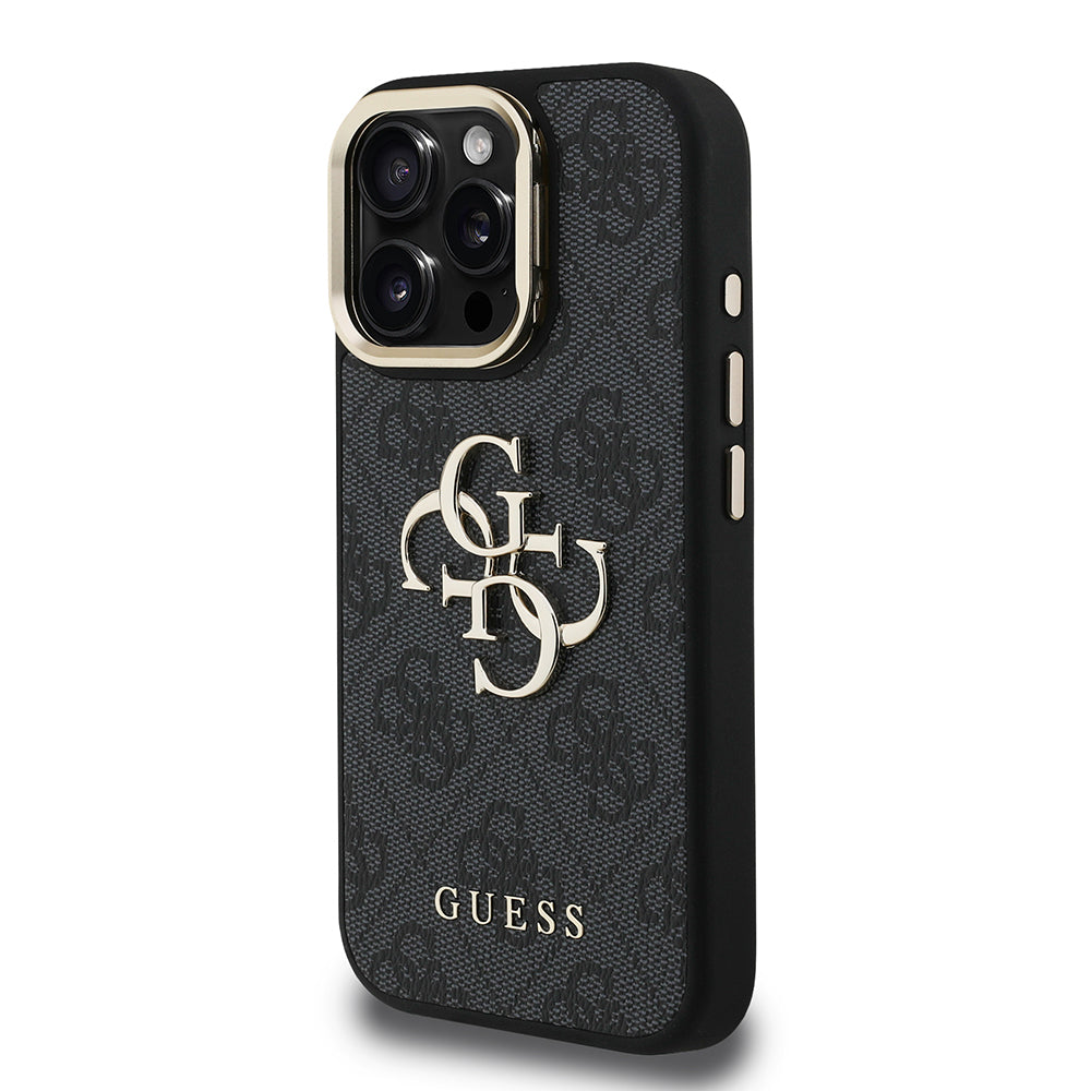 Apple iPhone 16 Pro Kılıf Guess Orjinal Lisanslı PU Deri 4G Desenli Metal Büyük 4G ve Yazı Logolu Kamera Standlı Kapak
