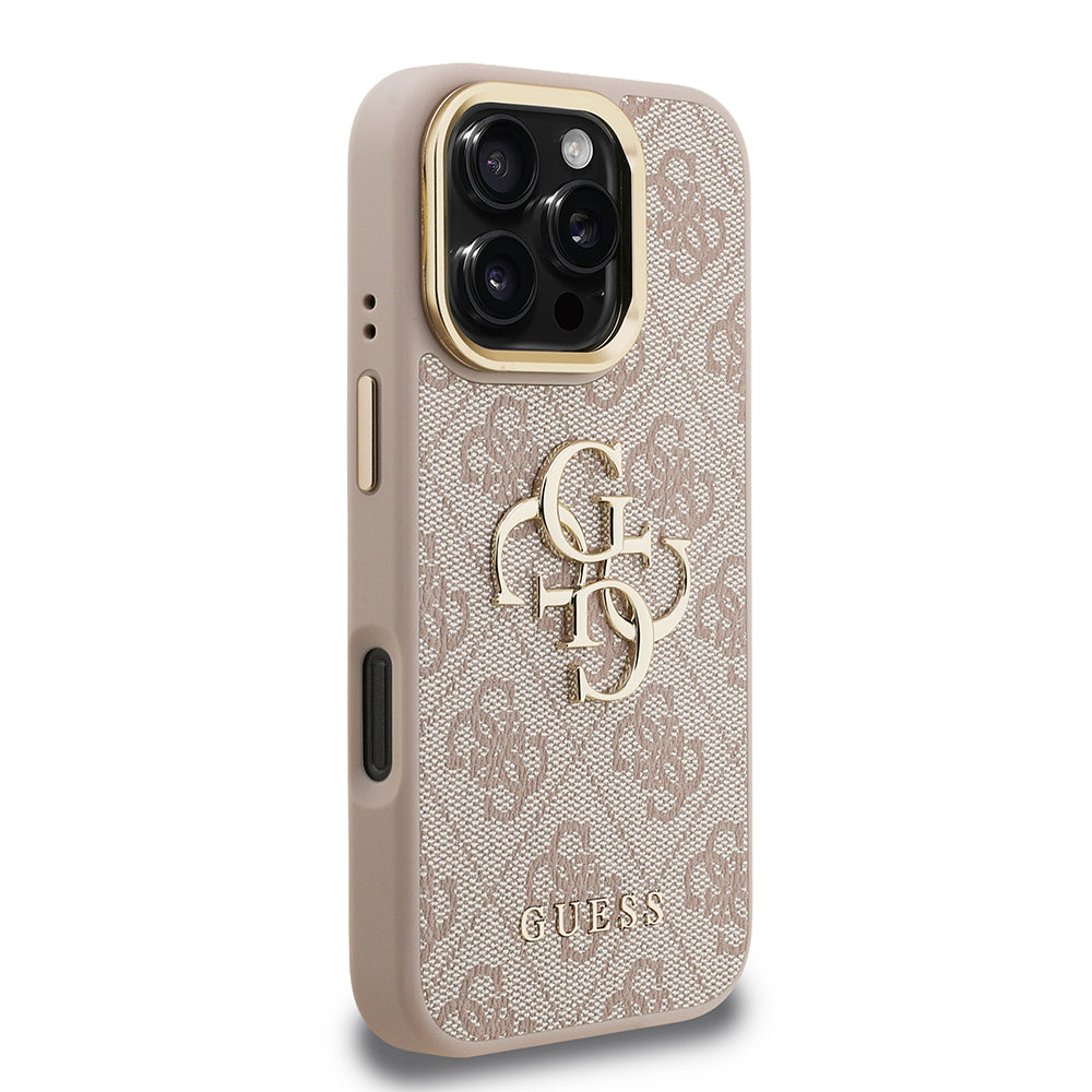 Apple iPhone 16 Pro Kılıf Guess Orjinal Lisanslı PU Deri 4G Desenli Metal Büyük 4G ve Yazı Logolu Kamera Standlı Kapak