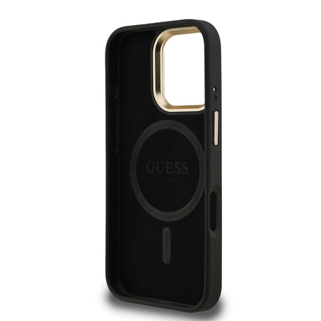 Apple iPhone 16 Pro Kılıf Guess Orjinal Lisanslı PU Deri Taşlı Üçgen Logo 4G Desenli Kamera Standlı Kapak