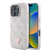 Apple iPhone 16 Pro Kılıf Guess Orjinal Lisanslı PU Deri Taşlı Üçgen Logo 4G Desenli Strass Kapak