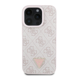 Apple iPhone 16 Pro Kılıf Guess Orjinal Lisanslı PU Deri Taşlı Üçgen Logo 4G Desenli Strass Kapak