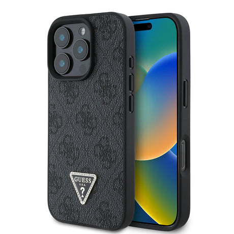 Apple iPhone 16 Pro Kılıf Guess Orjinal Lisanslı PU Deri Taşlı Üçgen Logo 4G Desenli Strass Kapak