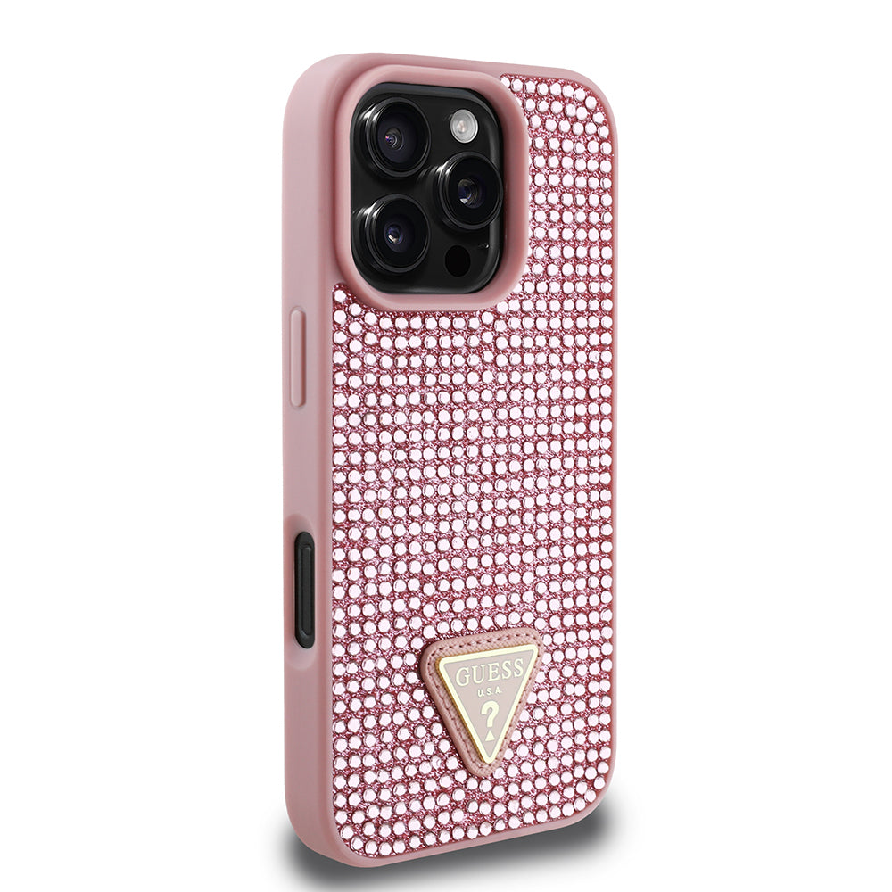 Apple iPhone 16 Pro Kılıf Guess Orjinal Lisanslı Taşlı Arka Yüzey Üçgen Logolu Kapak