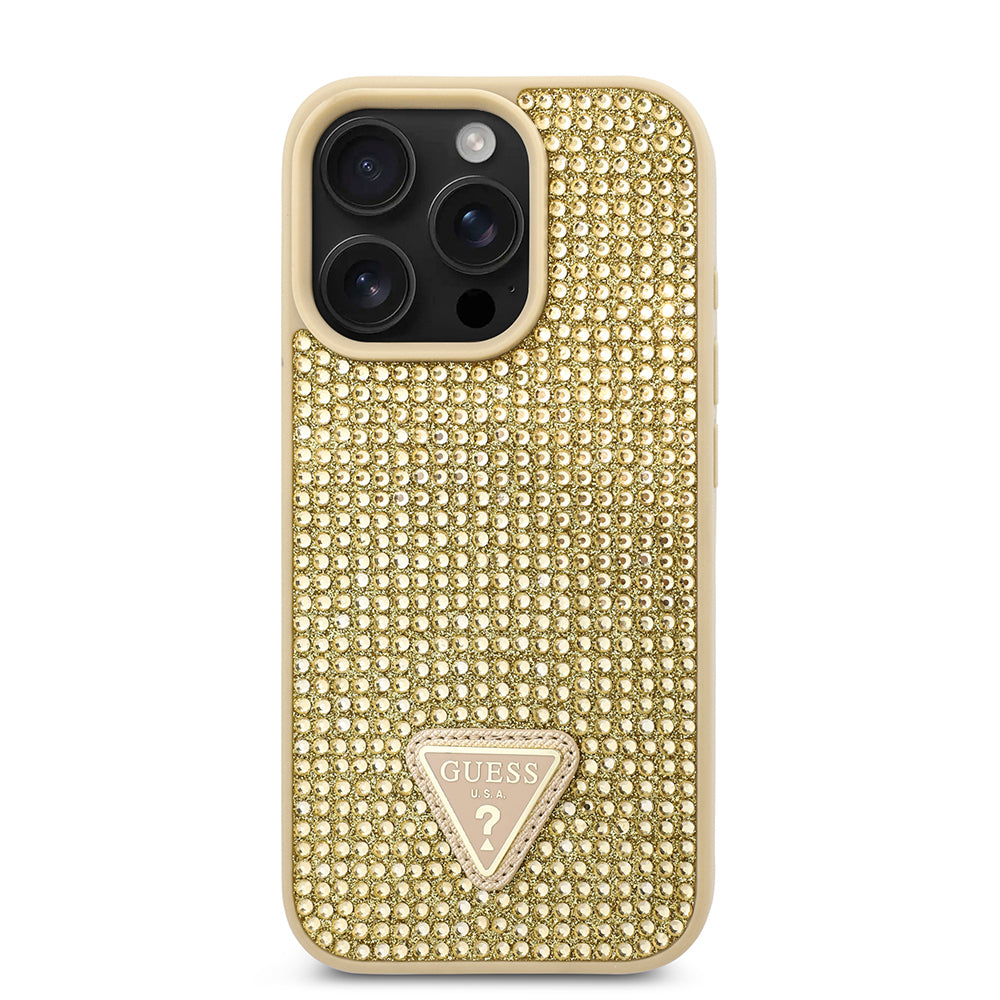 Apple iPhone 16 Pro Kılıf Guess Orjinal Lisanslı Taşlı Arka Yüzey Üçgen Logolu Kapak
