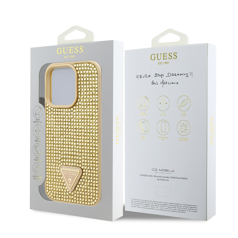 Apple iPhone 16 Pro Kılıf Guess Orjinal Lisanslı Taşlı Arka Yüzey Üçgen Logolu Kapak