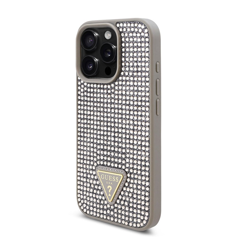 Apple iPhone 16 Pro Kılıf Guess Orjinal Lisanslı Taşlı Arka Yüzey Üçgen Logolu Kapak