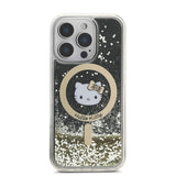 Apple iPhone 16 Pro Kılıf Hello Kitty Orjinal Lisanslı M-safe Şarj Özellikli IML Baskı Kitty Head Logolu Sıvılı Simli Altın Ateşi Kapak