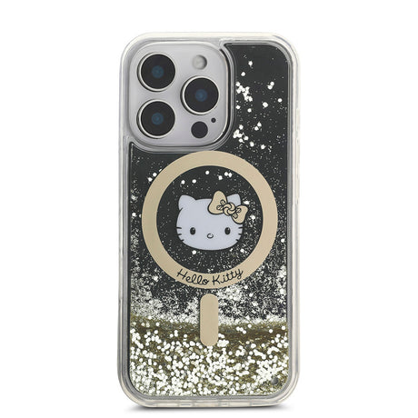 Apple iPhone 16 Pro Kılıf Hello Kitty Orjinal Lisanslı M-safe Şarj Özellikli IML Baskı Kitty Head Logolu Sıvılı Simli Altın Ateşi Kapak
