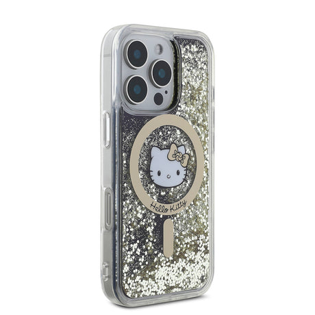 Apple iPhone 16 Pro Kılıf Hello Kitty Orjinal Lisanslı M-safe Şarj Özellikli IML Baskı Kitty Head Logolu Sıvılı Simli Altın Ateşi Kapak