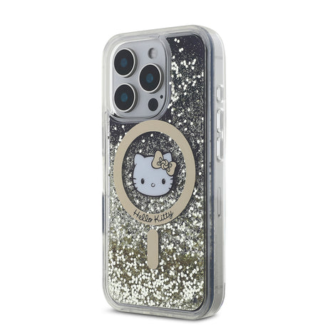 Apple iPhone 16 Pro Kılıf Hello Kitty Orjinal Lisanslı M-safe Şarj Özellikli IML Baskı Kitty Head Logolu Sıvılı Simli Altın Ateşi Kapak