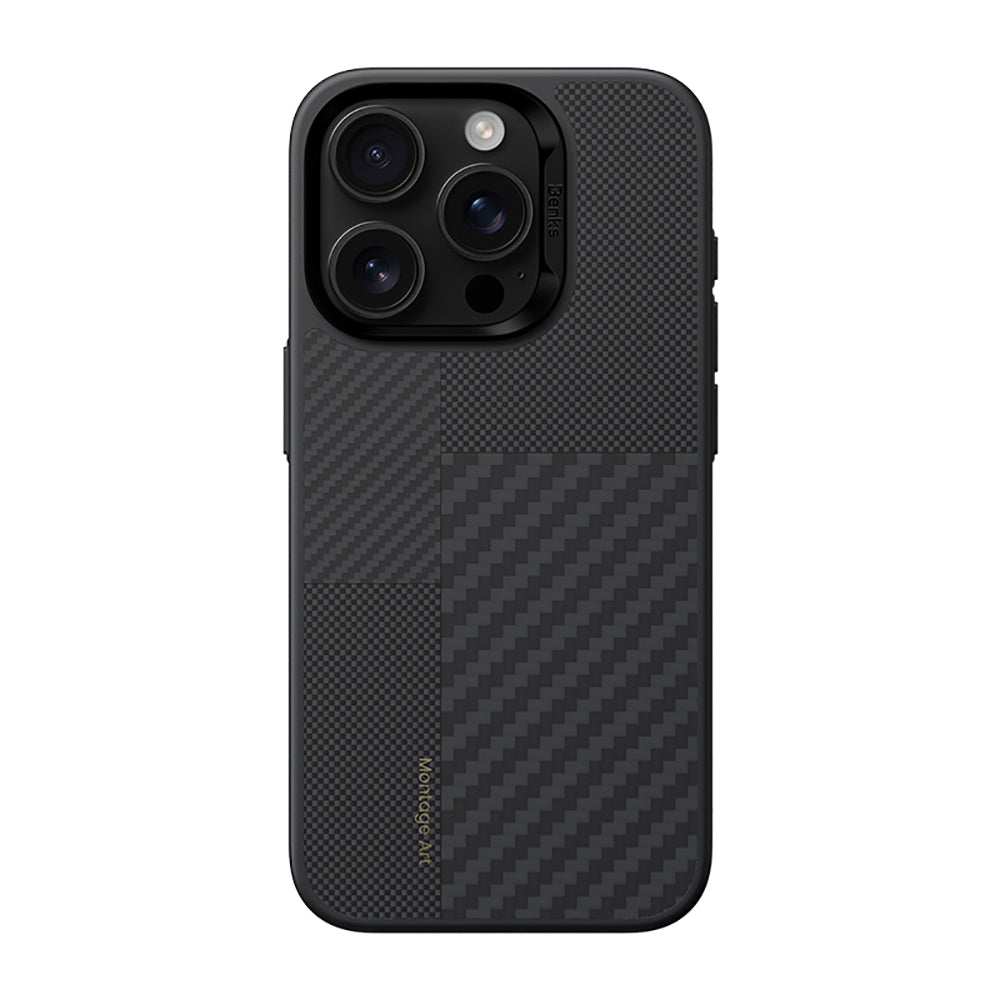 Apple iPhone 16 Pro Kılıf Karbon Fiber M-safe Şarj Özellikli Kamera Kontrol Butonlu Benks Hybrid ArmorPro Montage Kevlar Kapak