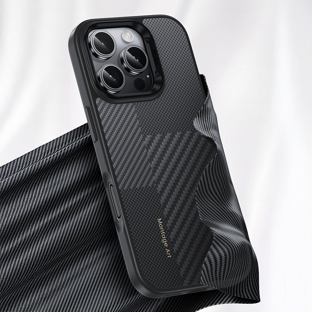 Apple iPhone 16 Pro Kılıf Karbon Fiber M-safe Şarj Özellikli Kamera Kontrol Butonlu Benks Hybrid ArmorPro Montage Kevlar Kapak