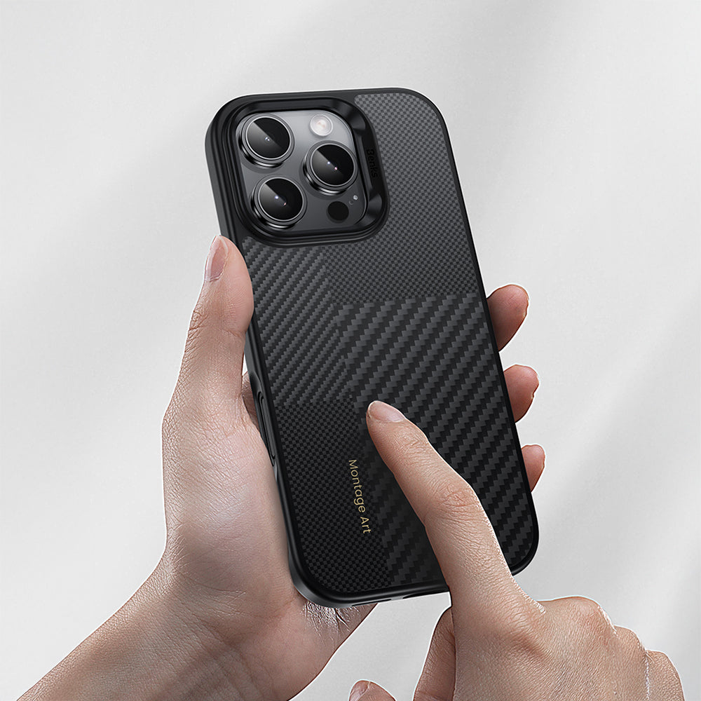 Apple iPhone 16 Pro Kılıf Karbon Fiber M-safe Şarj Özellikli Kamera Kontrol Butonlu Benks Hybrid ArmorPro Montage Kevlar Kapak