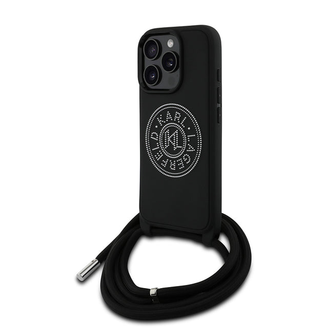 Apple iPhone 16 Pro Kılıf Karl Lagerfeld Orjinal Lisanslı Askı İpli Taşlı KL Yazılı Crossbody Cord Kapak