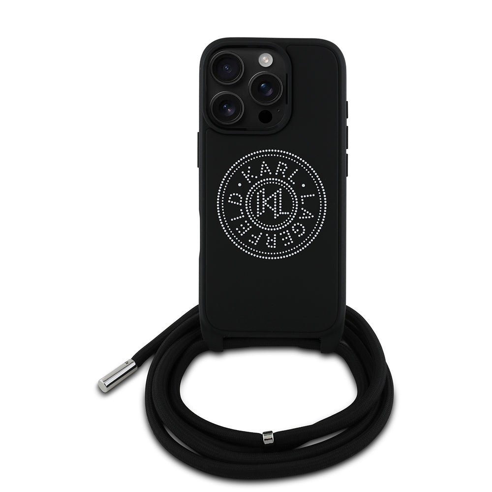 Apple iPhone 16 Pro Kılıf Karl Lagerfeld Orjinal Lisanslı Askı İpli Taşlı KL Yazılı Crossbody Cord Kapak